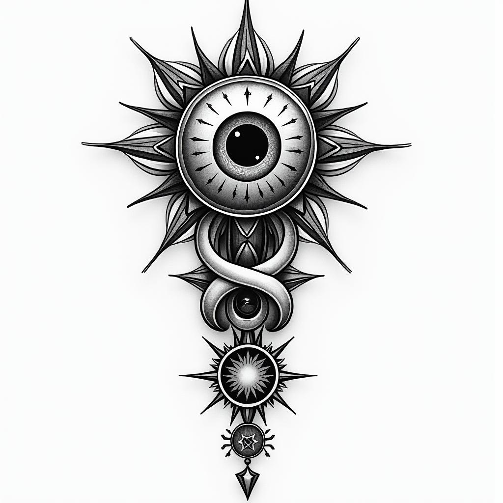 Kelvin Dias Galego, April 16, 1997, Aries sign.in prophecy tattoo style, featuring mystical symbols, celestial imagery like stars, moons, suns, geometric patterns, foretelling elements, an eye of wisdom - Variation 2