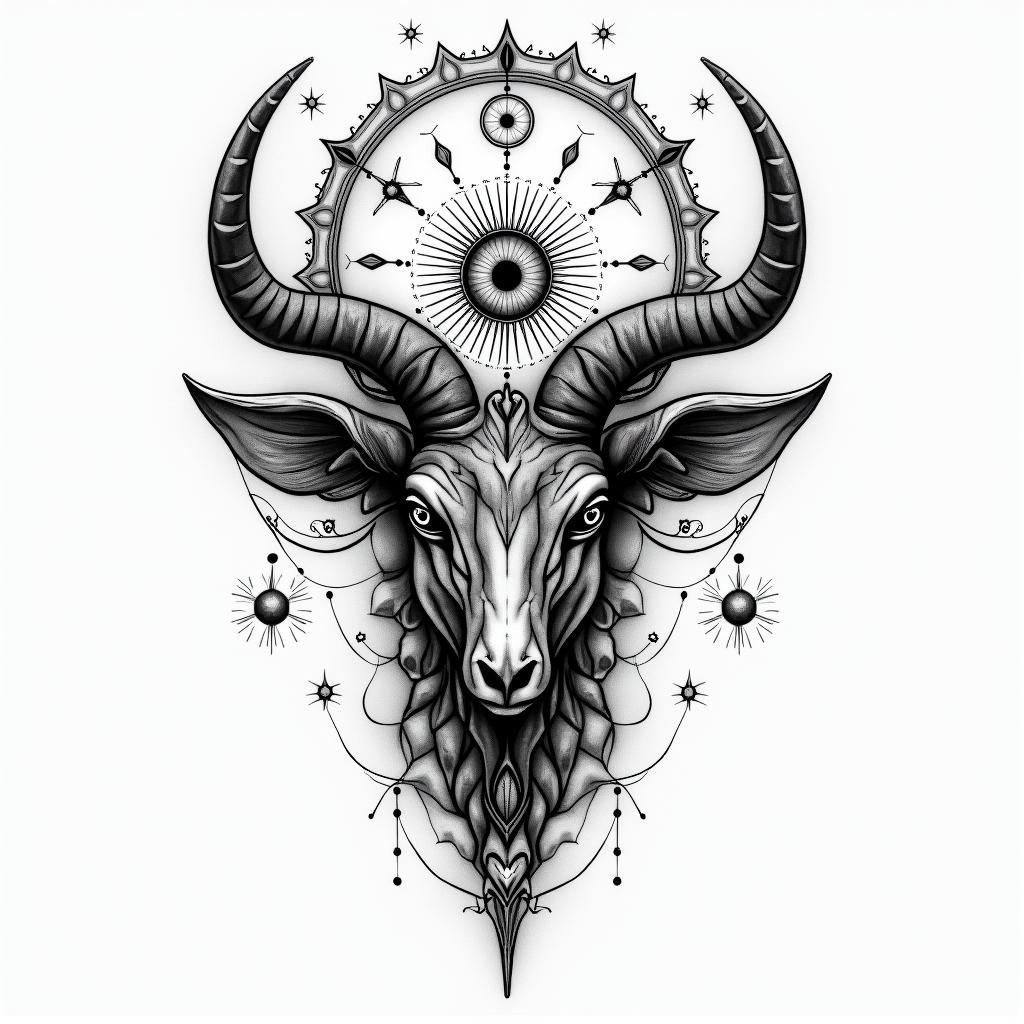 Kelvin Dias Galego, April 16, 1997, Aries sign.in prophecy tattoo style, featuring mystical symbols, celestial imagery like stars, moons, suns, geometric patterns, foretelling elements, an eye of wisdom