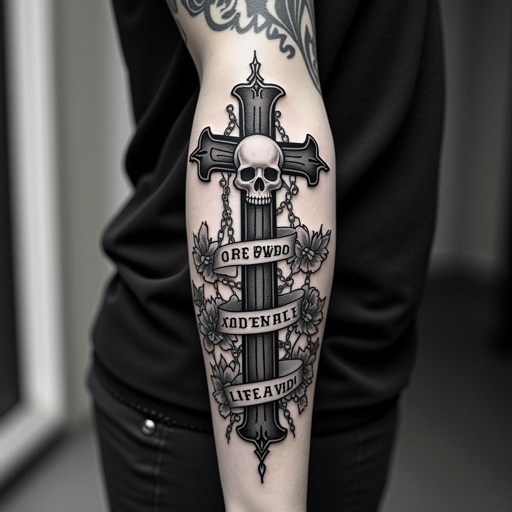 Life is borrowed letteringin chicano style tattoo, featuring intricate black and grey shading, bold elements of traditional chicano culture symbols, add a big cross with skull, chains and roses - Variation 3