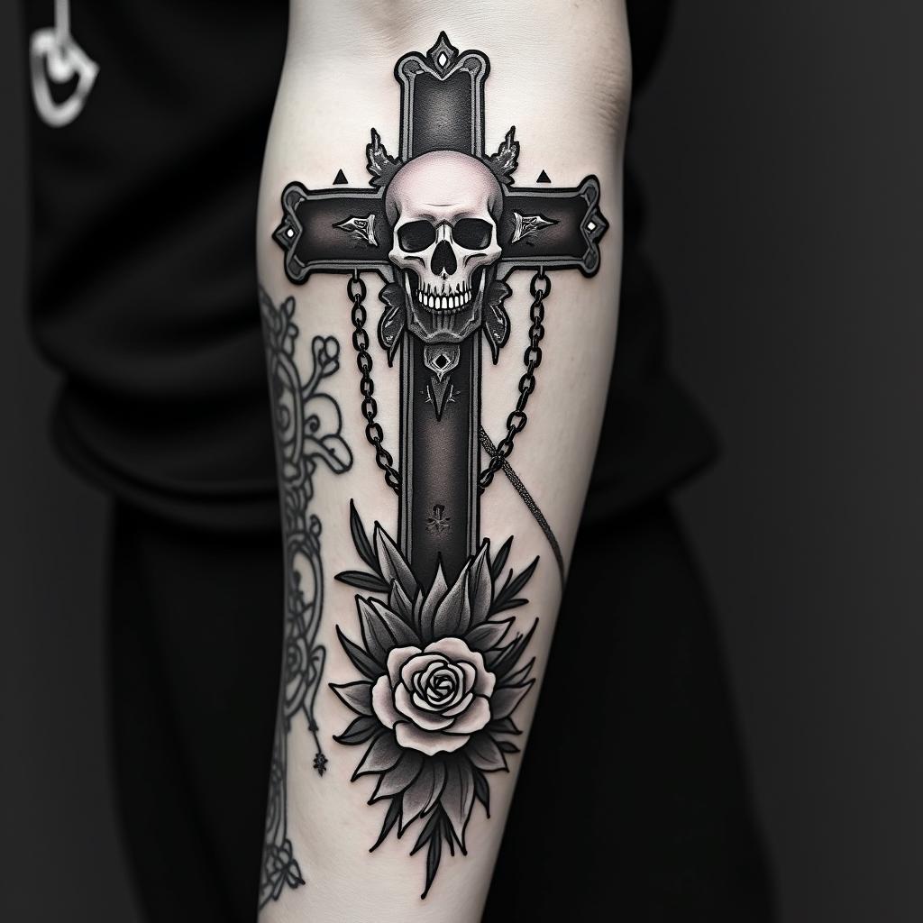 Life is borrowed letteringin chicano style tattoo, featuring intricate black and grey shading, bold elements of traditional chicano culture symbols, add a big cross with skull, chains and roses