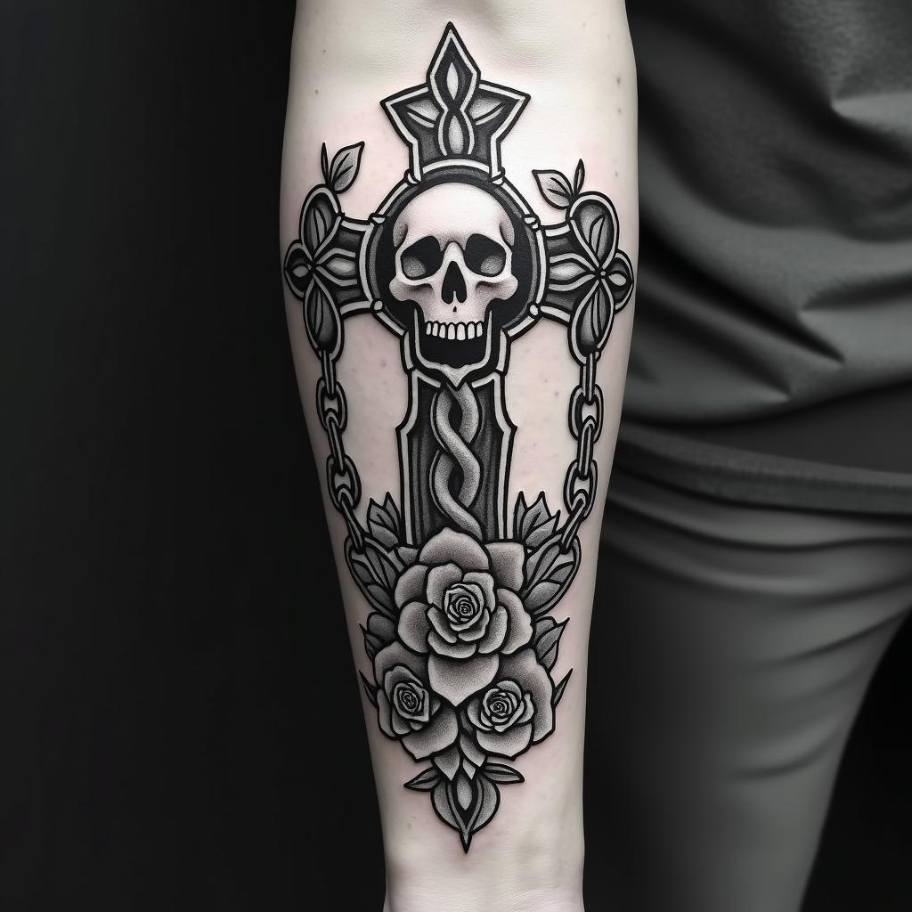 Life is borrowed letteringin chicano style tattoo, featuring intricate black and grey shading, bold elements of traditional chicano culture symbols, add a big cross with skull, chains and roses - Variation 4