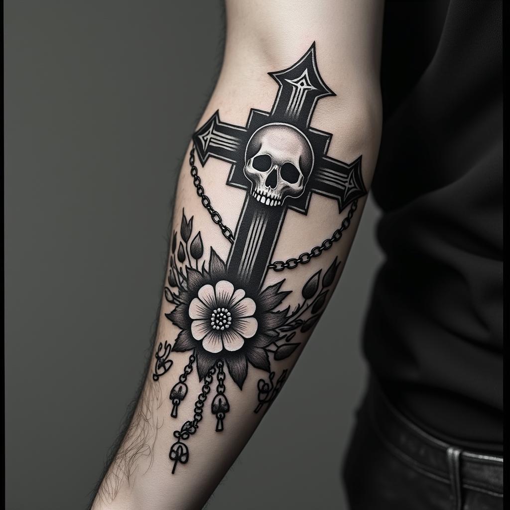 Life is borrowed letteringin chicano style tattoo, featuring intricate black and grey shading, bold elements of traditional chicano culture symbols, add a big cross with skull, chains and roses - Variation 2