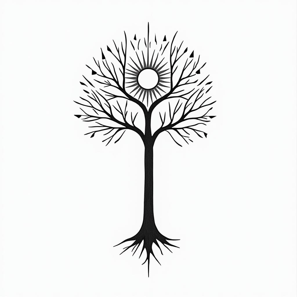 I want a tree of life because I am sick with a sun and the word "val" on a branch.in minimalist style tattoo, featuring simple shapes and fine lines, with minimal shading and details, tiny triangles, creating a sense of balance and harmony - Variation 5