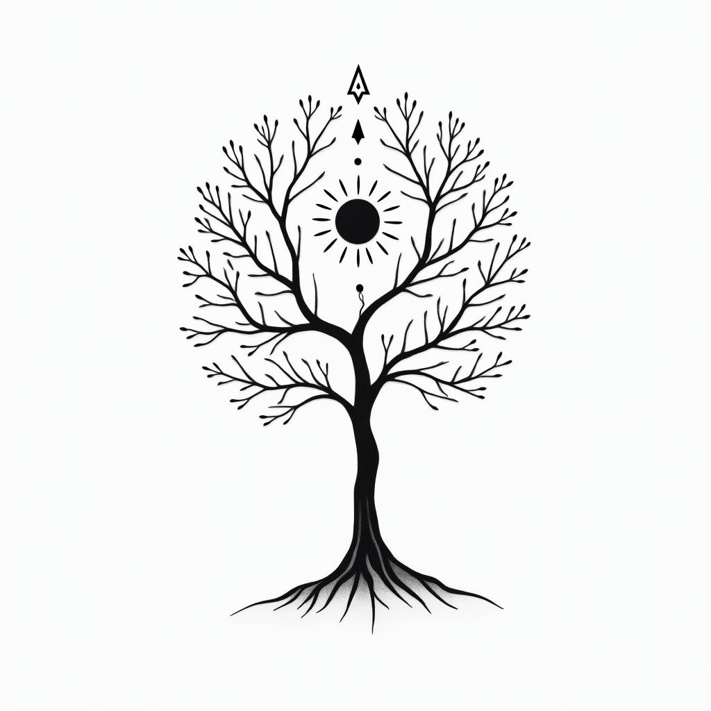 I want a tree of life because I am sick with a sun and the word "val" on a branch.in minimalist style tattoo, featuring simple shapes and fine lines, with minimal shading and details, tiny triangles, creating a sense of balance and harmony - Variation 8