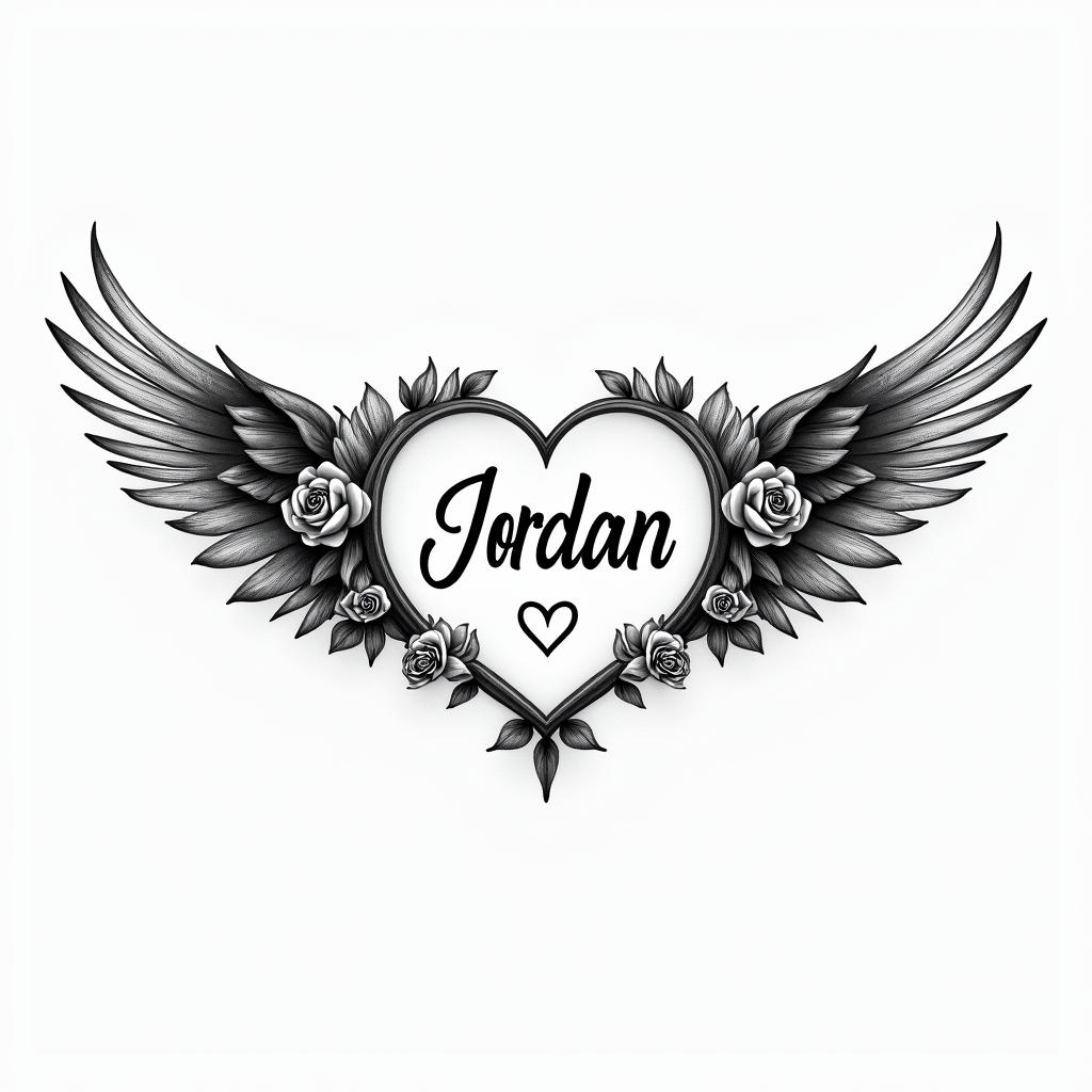The name Jordan Pack and the date 02/15/23 with wings around each sidein elegant cursive calligraphy style 2d tattoo, decorate with roses, featuring a smooth and flowing handwritten script with slightly thickened strokes for a luxurious and bold appearance,  heart symbol between names,  sleek and glossy black text with shadowing, minimalist matte white background, clean and sharp edges, illuminated with soft lighting, romantic, 8k, high-quality textures with refined typography - Variation 2