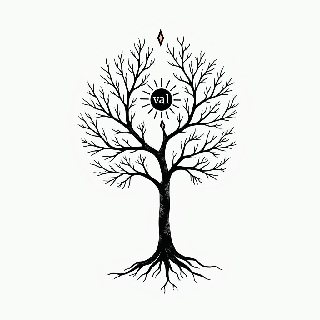 I want a tree of life because I am sick with a sun and the word "val" on a branch.in minimalist style tattoo, featuring simple shapes and fine lines, with minimal shading and details, tiny triangles, creating a sense of balance and harmony - Variation 2