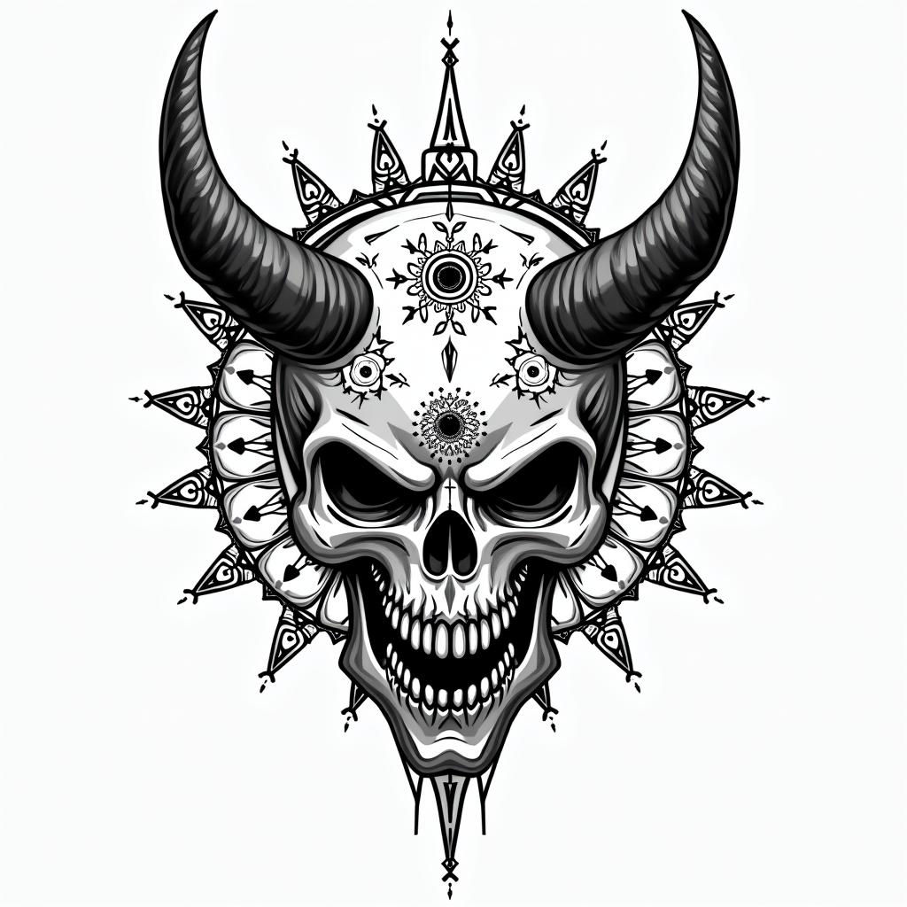 Creepy cartoon skull devil glitchin dotwork style tattoo, complex mandala patterns, interlocking geometric shapes with sharp symmetry, clean lines, sharp angles