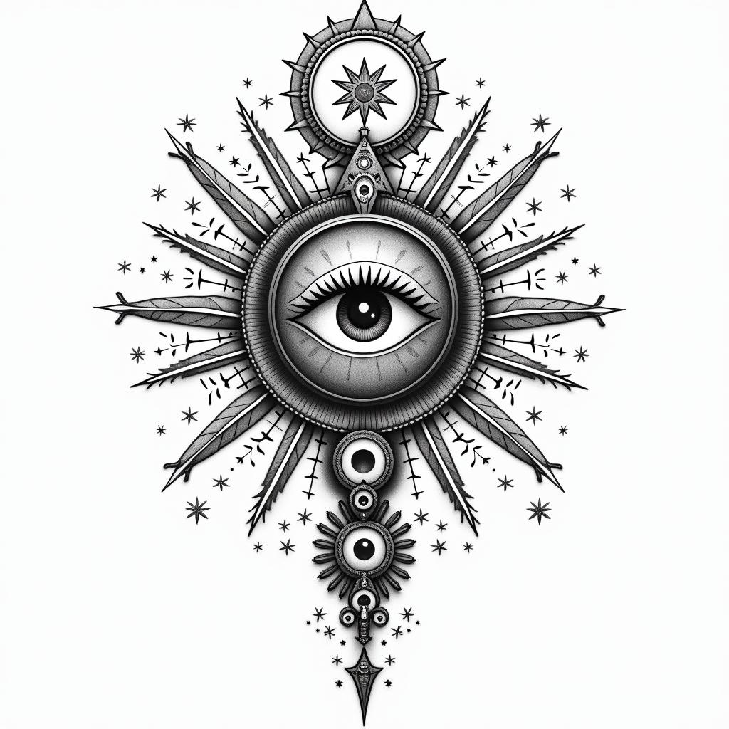 Troy, leo, conwayin prophecy tattoo style, featuring mystical symbols, celestial imagery like stars, moons, suns, geometric patterns, foretelling elements, an eye of wisdom - Variation 3
