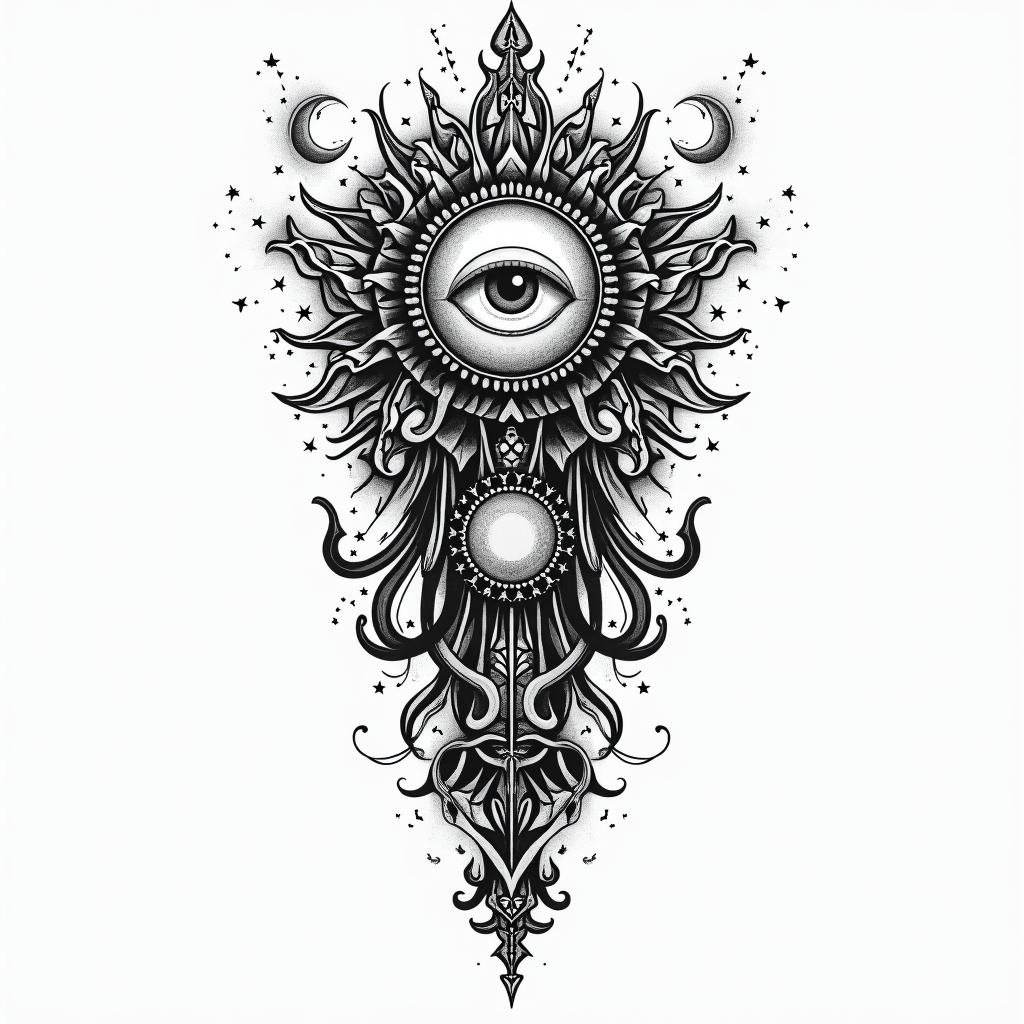 Troy, leo, conwayin prophecy tattoo style, featuring mystical symbols, celestial imagery like stars, moons, suns, geometric patterns, foretelling elements, an eye of wisdom - Variation 4