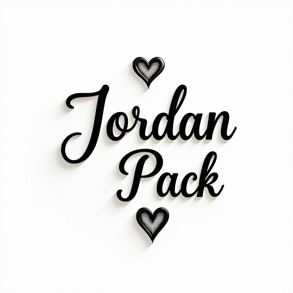The name Jordan Pack with the date 02/15/23in elegant cursive calligraphy style 2d tattoo, decorate with roses, featuring a smooth and flowing handwritten script with slightly thickened strokes for a luxurious and bold appearance,  heart symbol between names,  sleek and glossy black text with shadowing, minimalist matte white background, clean and sharp edges, illuminated with soft lighting, romantic, 8k, high-quality textures with refined typography
