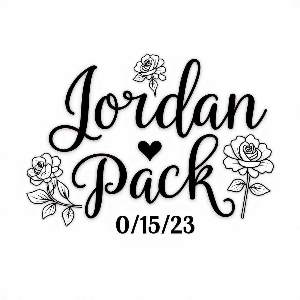 The name Jordan Pack with the date 02/15/23in elegant cursive calligraphy style 2d tattoo, decorate with roses, featuring a smooth and flowing handwritten script with slightly thickened strokes for a luxurious and bold appearance, heart symbol between names, sleek and glossy black text with shadowing, minimalist matte white background, clean and sharp edges, illuminated with soft lighting, romantic, 8k, high-quality textures with refined typography - Variation 2