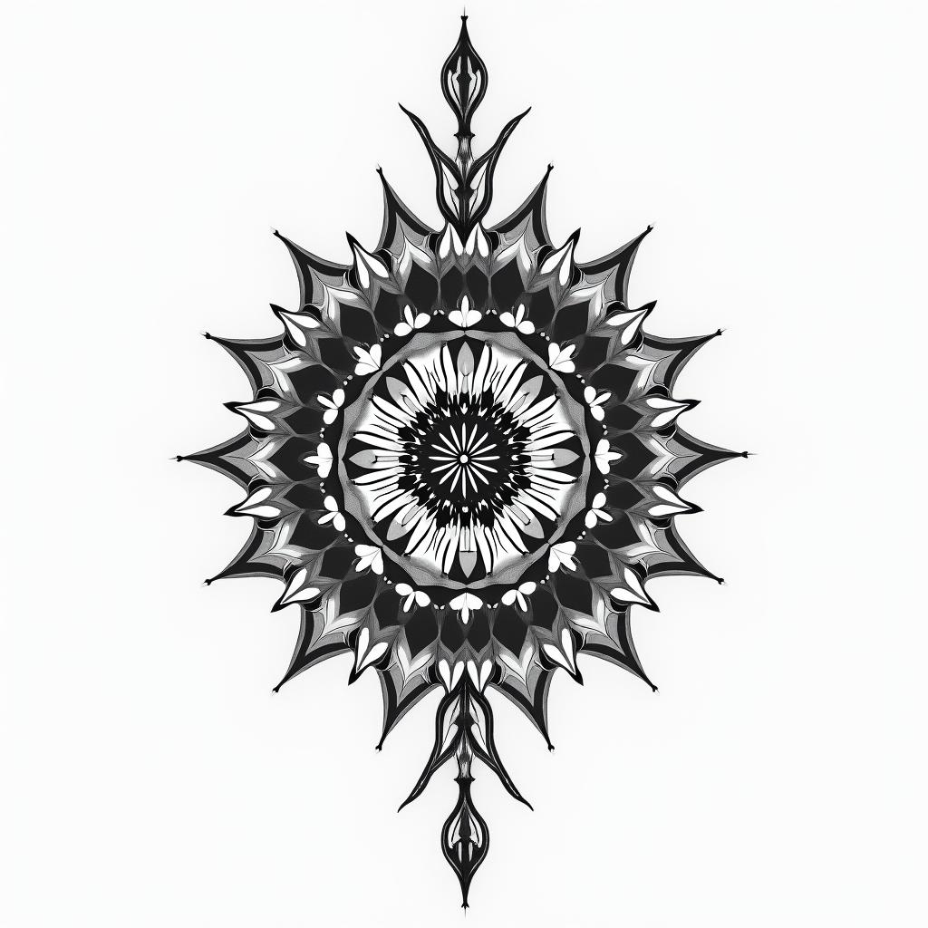 Claudia, Aquarius in geometric style tattoo, blending hexagons, mandala-inspired patterns, symmetrical and fractal design, clean lines, sharp angles