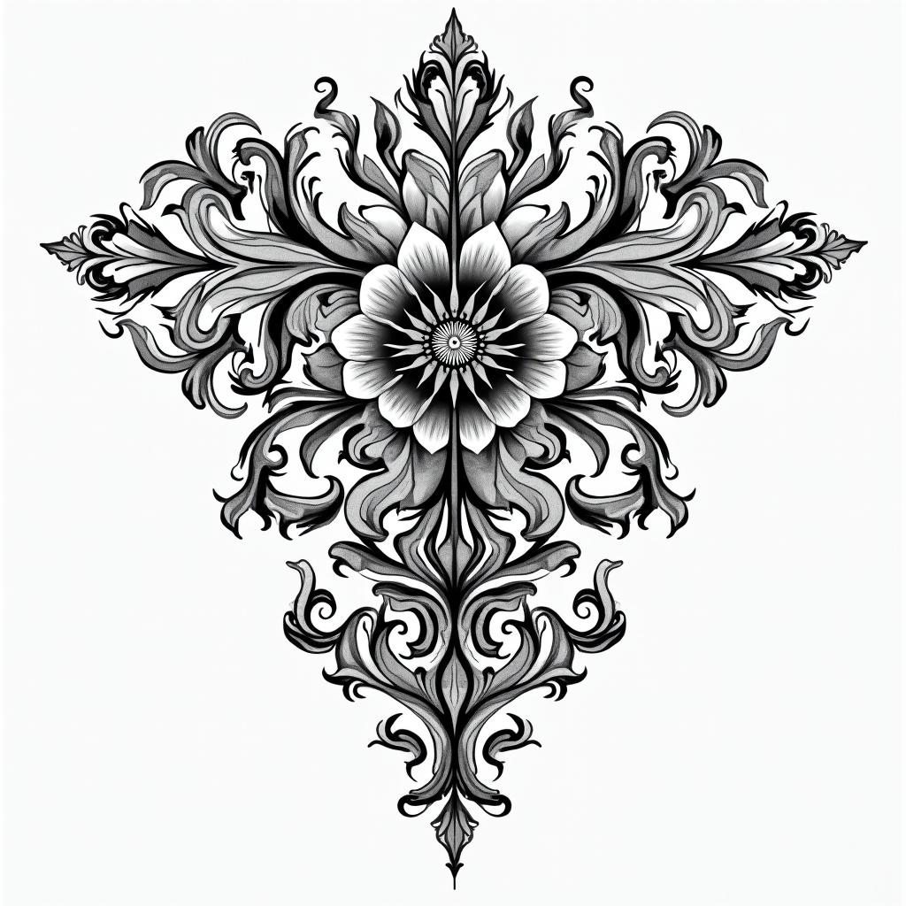 Kelvin from Galicia, April 16, 1997, Aries sign.in ornamental tattoo style, featuring intricate symmetrical patterns and floral designs, showcasing highly detailed line work and geometric shapes, creating a sense of elegance and balance - Variation 3