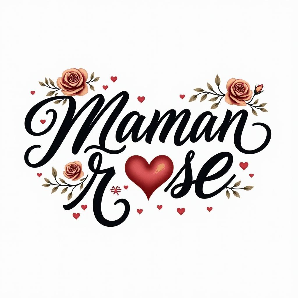 Maman rose forcein elegant cursive calligraphy style 2d tattoo, decorate with roses, featuring a smooth and flowing handwritten script with slightly thickened strokes for a luxurious and bold appearance,  heart symbol between names,  sleek and glossy black text with shadowing, minimalist matte white background, clean and sharp edges, illuminated with soft lighting, romantic, 8k, high-quality textures with refined typography - Variation 3