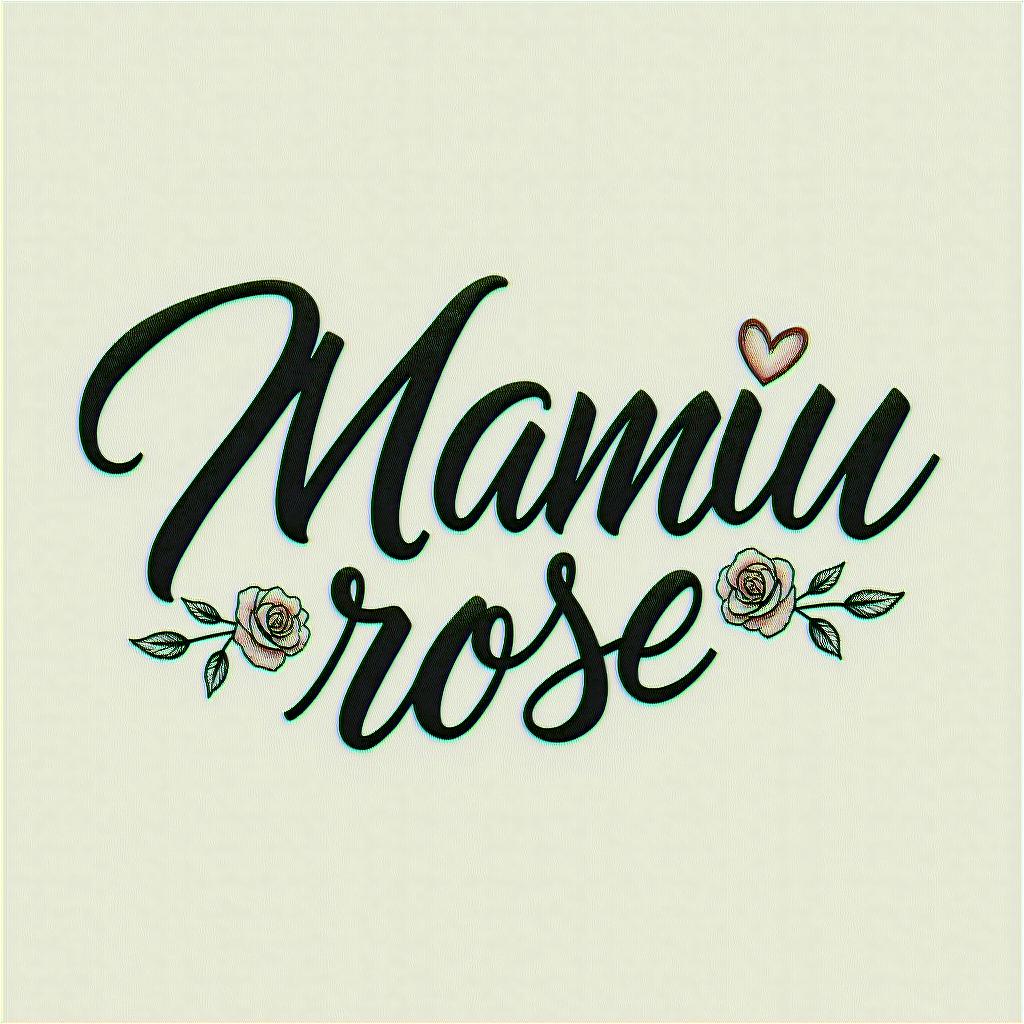 Maman rose forcein elegant cursive calligraphy style 2d tattoo, decorate with roses, featuring a smooth and flowing handwritten script with slightly thickened strokes for a luxurious and bold appearance,  heart symbol between names,  sleek and glossy black text with shadowing, minimalist matte white background, clean and sharp edges, illuminated with soft lighting, romantic, 8k, high-quality textures with refined typography - Variation 4
