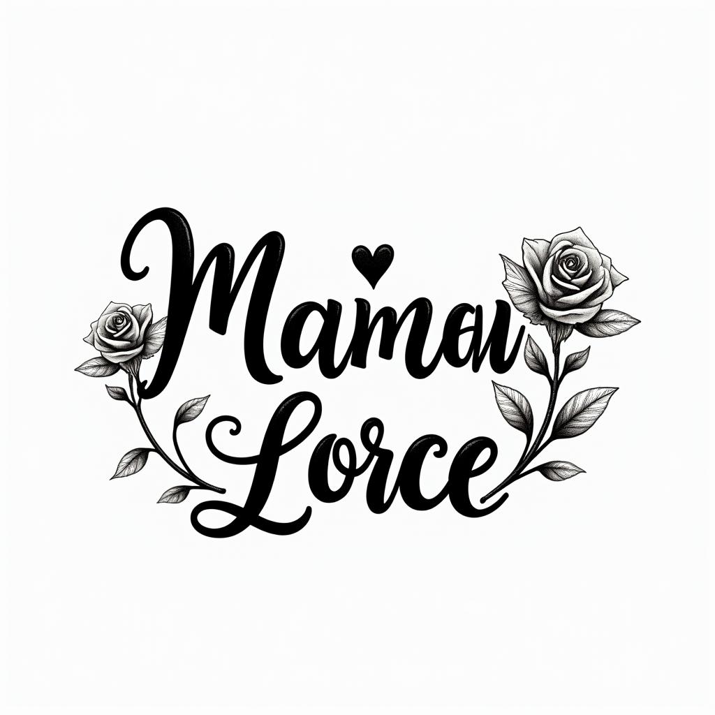 Maman rose forcein elegant cursive calligraphy style 2d tattoo, decorate with roses, featuring a smooth and flowing handwritten script with slightly thickened strokes for a luxurious and bold appearance,  heart symbol between names,  sleek and glossy black text with shadowing, minimalist matte white background, clean and sharp edges, illuminated with soft lighting, romantic, 8k, high-quality textures with refined typography - Variation 2