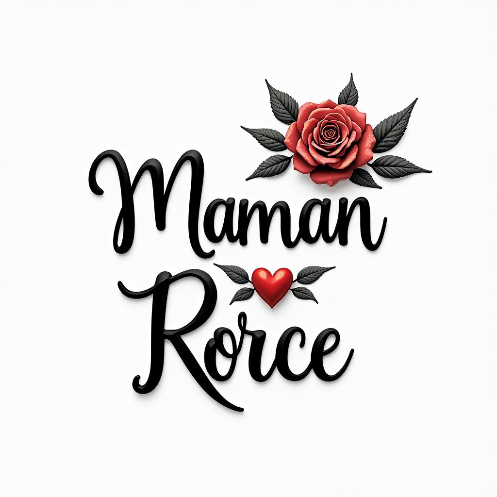 Maman rose forcein elegant cursive calligraphy style 2d tattoo, decorate with roses, featuring a smooth and flowing handwritten script with slightly thickened strokes for a luxurious and bold appearance,  heart symbol between names,  sleek and glossy black text with shadowing, minimalist matte white background, clean and sharp edges, illuminated with soft lighting, romantic, 8k, high-quality textures with refined typography