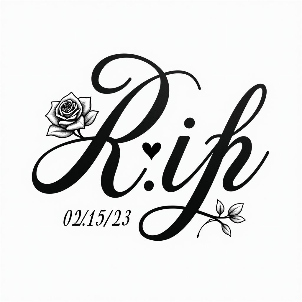 R.I.P Jordan Pack with the date 02/15/23in elegant cursive calligraphy style 2d tattoo, decorate with roses, featuring a smooth and flowing handwritten script with slightly thickened strokes for a luxurious and bold appearance, heart symbol between names, sleek and glossy black text with shadowing, minimalist matte white background, clean and sharp edges, illuminated with soft lighting, romantic, 8k, high-quality textures with refined typography - Variation 4