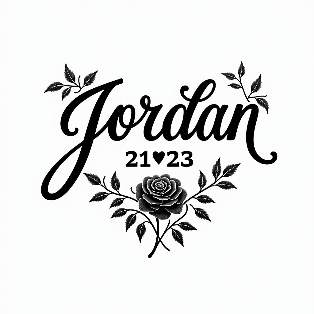 R.I.P Jordan Pack with the date 02/15/23in elegant cursive calligraphy style 2d tattoo, decorate with roses, featuring a smooth and flowing handwritten script with slightly thickened strokes for a luxurious and bold appearance, heart symbol between names, sleek and glossy black text with shadowing, minimalist matte white background, clean and sharp edges, illuminated with soft lighting, romantic, 8k, high-quality textures with refined typography - Variation 3