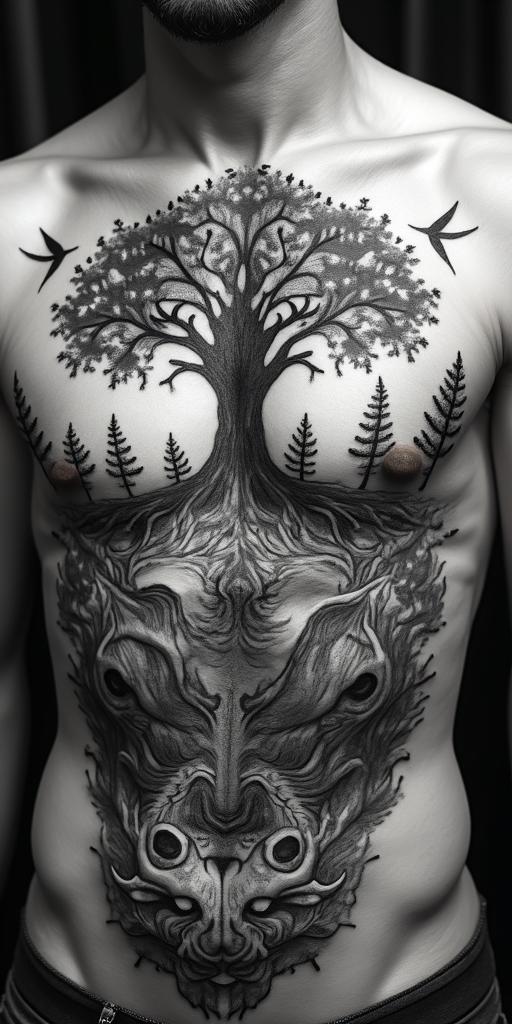 The biblical account of the apocalypse, the book of revelation in picture form on a torso. There's a central image of a fight tree. 7 Angels are at the top blowing each a trumpet. Below the tree 4 horsemen of the apocalypse are being chased by Japanese style waves. The other side facing the horsemen is a whole of babalon riding a 7 headed dragon drinking from a chalice, spiling wine down her breasts. in horror tattoo style, showcasing haunting and unsettling, dark and gritty textures with skulls, eerie faces, jgged designs, bold and intense shading