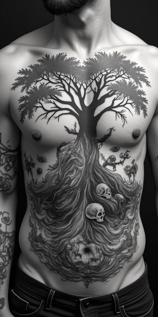 The biblical account of the apocalypse, the book of revelation in picture form on a torso. There's a central image of a fight tree. 7 Angels are at the top blowing each a trumpet. Below the tree 4 horsemen of the apocalypse are being chased by Japanese style waves. The other side facing the horsemen is a whole of babalon riding a 7 headed dragon drinking from a chalice, spiling wine down her breasts. in horror tattoo style, showcasing haunting and unsettling, dark and gritty textures with skulls, eerie faces, jgged designs, bold and intense shading - Variation 2