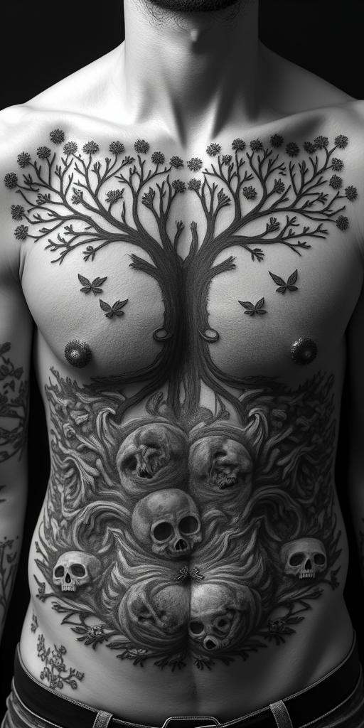 The biblical account of the apocalypse, the book of revelation in picture form on a torso. There's a central image of a fight tree. 7 Angels are at the top blowing each a trumpet. Below the tree 4 horsemen of the apocalypse are being chased by Japanese style waves. The other side facing the horsemen is a whole of babalon riding a 7 headed dragon drinking from a chalice, spiling wine down her breasts. in horror tattoo style, showcasing haunting and unsettling, dark and gritty textures with skulls, eerie faces, jgged designs, bold and intense shading - Variation 3