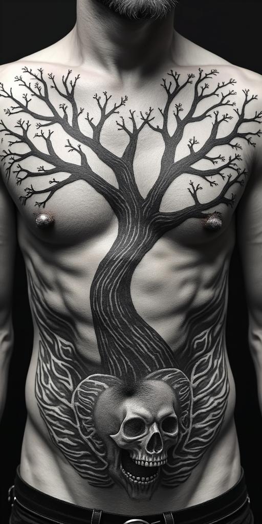 The biblical account of the apocalypse, the book of revelation in picture form on a torso. There's a central image of a fight tree. 7 Angels are at the top blowing each a trumpet. Below the tree 4 horsemen of the apocalypse are being chased by Japanese style waves. The other side facing the horsemen is a whole of babalon riding a 7 headed dragon drinking from a chalice, spiling wine down her breasts. in horror tattoo style, showcasing haunting and unsettling, dark and gritty textures with skulls, eerie faces, jgged designs, bold and intense shading - Variation 4