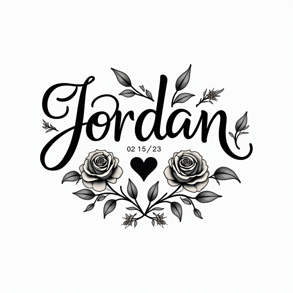 R.I.P Jordan Pack with the date 02/15/23in elegant cursive calligraphy style 2d tattoo, decorate with roses, featuring a smooth and flowing handwritten script with slightly thickened strokes for a luxurious and bold appearance, heart symbol between names, sleek and glossy black text with shadowing, minimalist matte white background, clean and sharp edges, illuminated with soft lighting, romantic, 8k, high-quality textures with refined typography - Variation 2