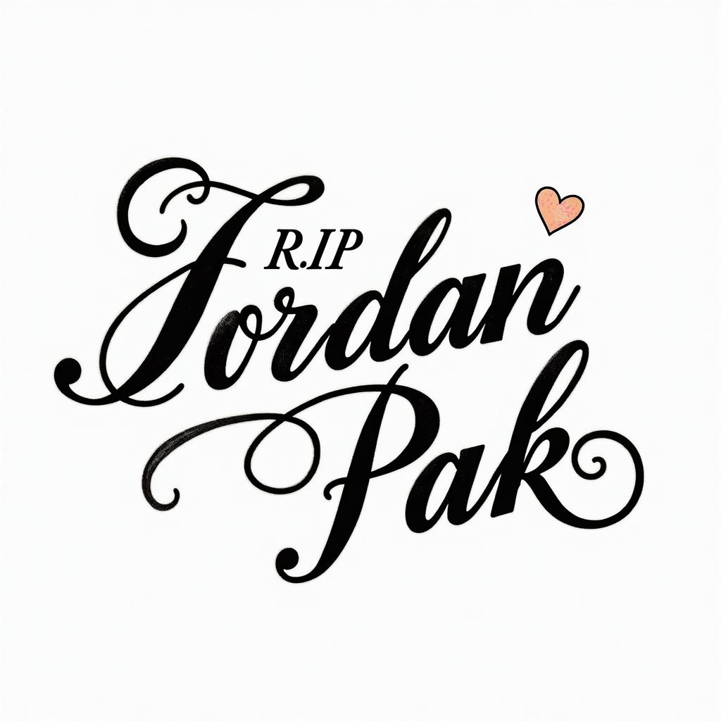 R.I.P Jordan Pack with the date 02/15/23in elegant cursive calligraphy style 2d tattoo, decorate with roses, featuring a smooth and flowing handwritten script with slightly thickened strokes for a luxurious and bold appearance, heart symbol between names, sleek and glossy black text with shadowing, minimalist matte white background, clean and sharp edges, illuminated with soft lighting, romantic, 8k, high-quality textures with refined typography