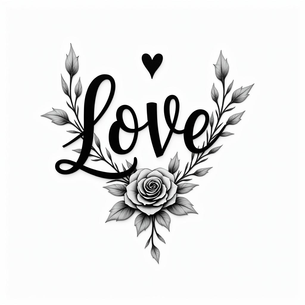 Simplein elegant cursive calligraphy style 2d tattoo, decorate with roses, featuring a smooth and flowing handwritten script with slightly thickened strokes for a luxurious and bold appearance, heart symbol between names, sleek and glossy black text with shadowing, minimalist matte white background, clean and sharp edges, illuminated with soft lighting, romantic, 8k, high-quality textures with refined typography - Variation 3