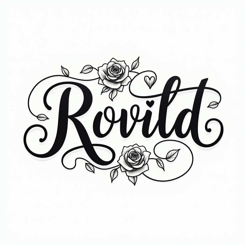 Simplein elegant cursive calligraphy style 2d tattoo, decorate with roses, featuring a smooth and flowing handwritten script with slightly thickened strokes for a luxurious and bold appearance, heart symbol between names, sleek and glossy black text with shadowing, minimalist matte white background, clean and sharp edges, illuminated with soft lighting, romantic, 8k, high-quality textures with refined typography - Variation 4