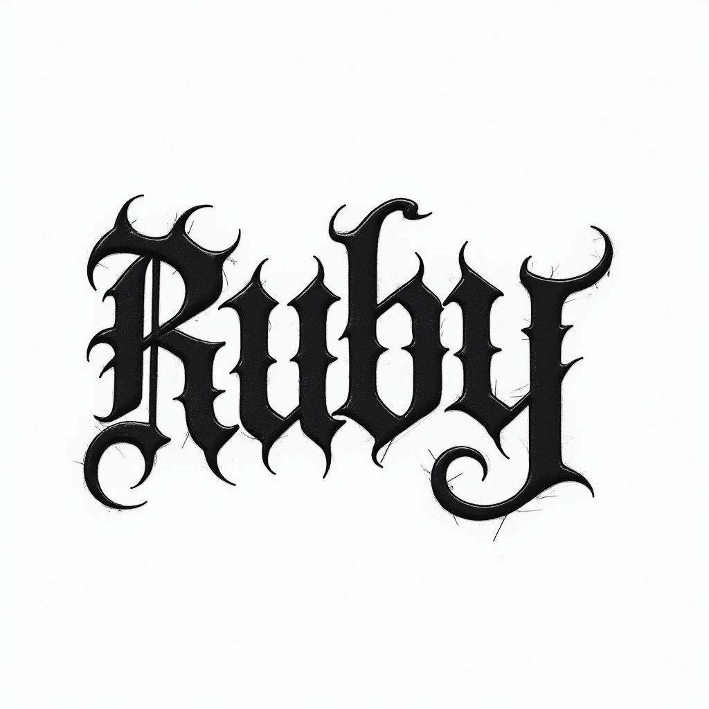 Rubytext-based tattoo, gothic font ultra-realistic, perfectly placed, high-quality font design, photo-realistic shading, 8k, high quality, finely detailed typography