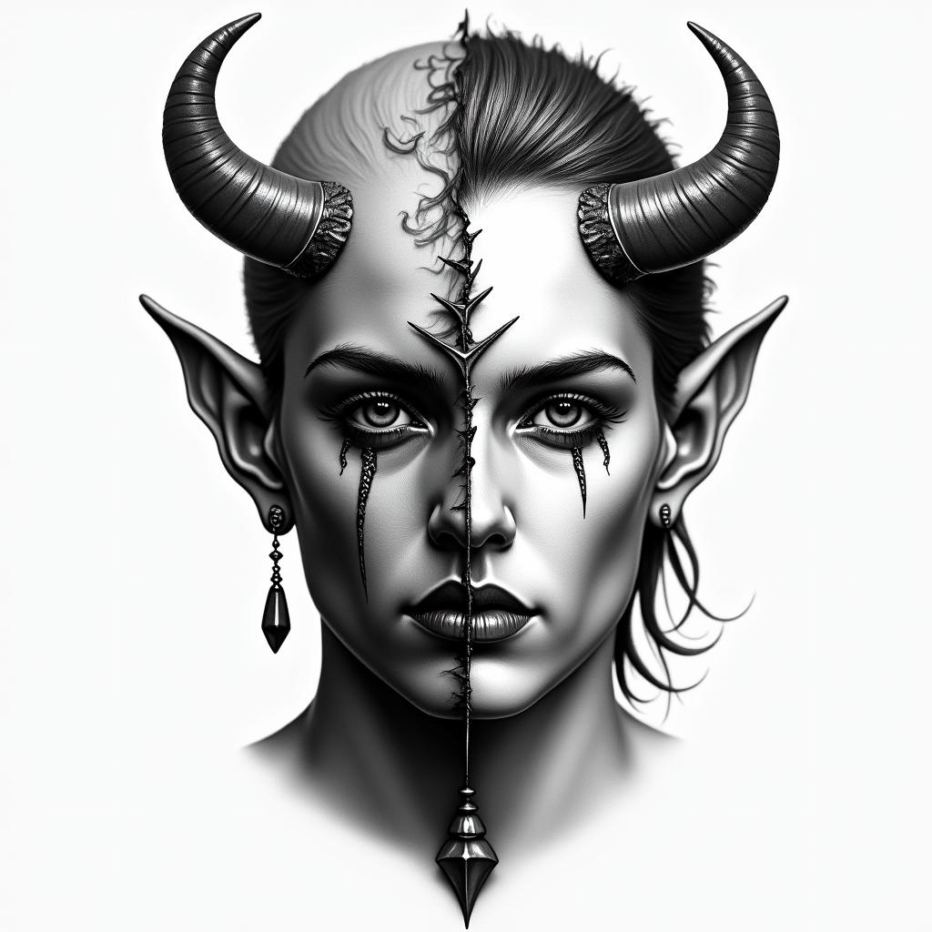 Make a face with 2 different sides. One side is the devil and one side is godin portrait tattoo style, featuring a highly realistic and detailed depiction