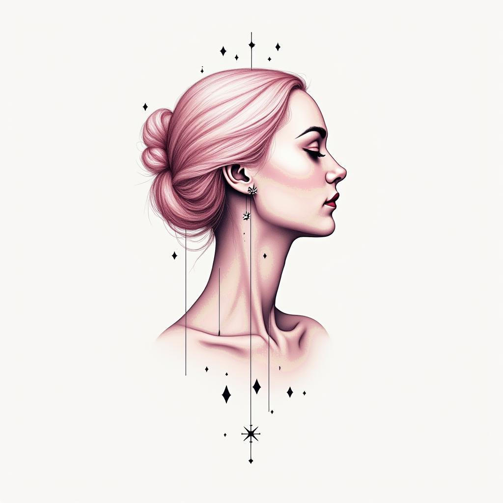 Pink motherin minimalist style tattoo, featuring simple shapes and fine lines, with minimal shading and details, tiny triangles, creating a sense of balance and harmony