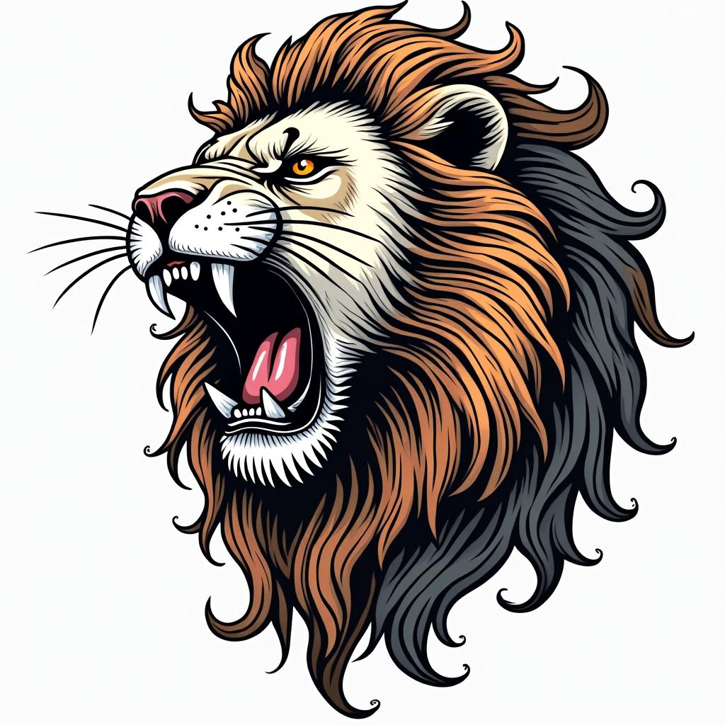 Roaring lion with a flowing manein pop art style tattoo, featuring bold and vibrant colors, exaggerated outlines, iconic imagery, inspired by comic books and speech bubbles, comic book characters, retro pop culture - Variation 5