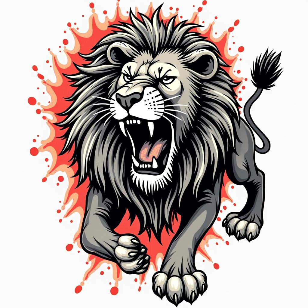 Roaring lion with a flowing manein pop art style tattoo, featuring bold and vibrant colors, exaggerated outlines, iconic imagery, inspired by comic books and speech bubbles, comic book characters, retro pop culture - Variation 3