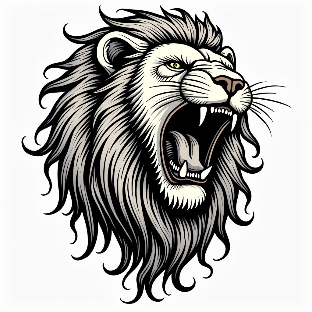 Roaring lion with a flowing manein pop art style tattoo, featuring bold and vibrant colors, exaggerated outlines, iconic imagery, inspired by comic books and speech bubbles, comic book characters, retro pop culture - Variation 4