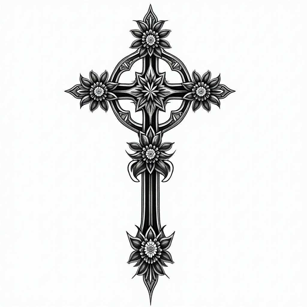 Rosen crossin ornamental tattoo style, featuring intricate symmetrical patterns and floral designs, showcasing highly detailed line work and geometric shapes, creating a sense of elegance and balance - Variation 3