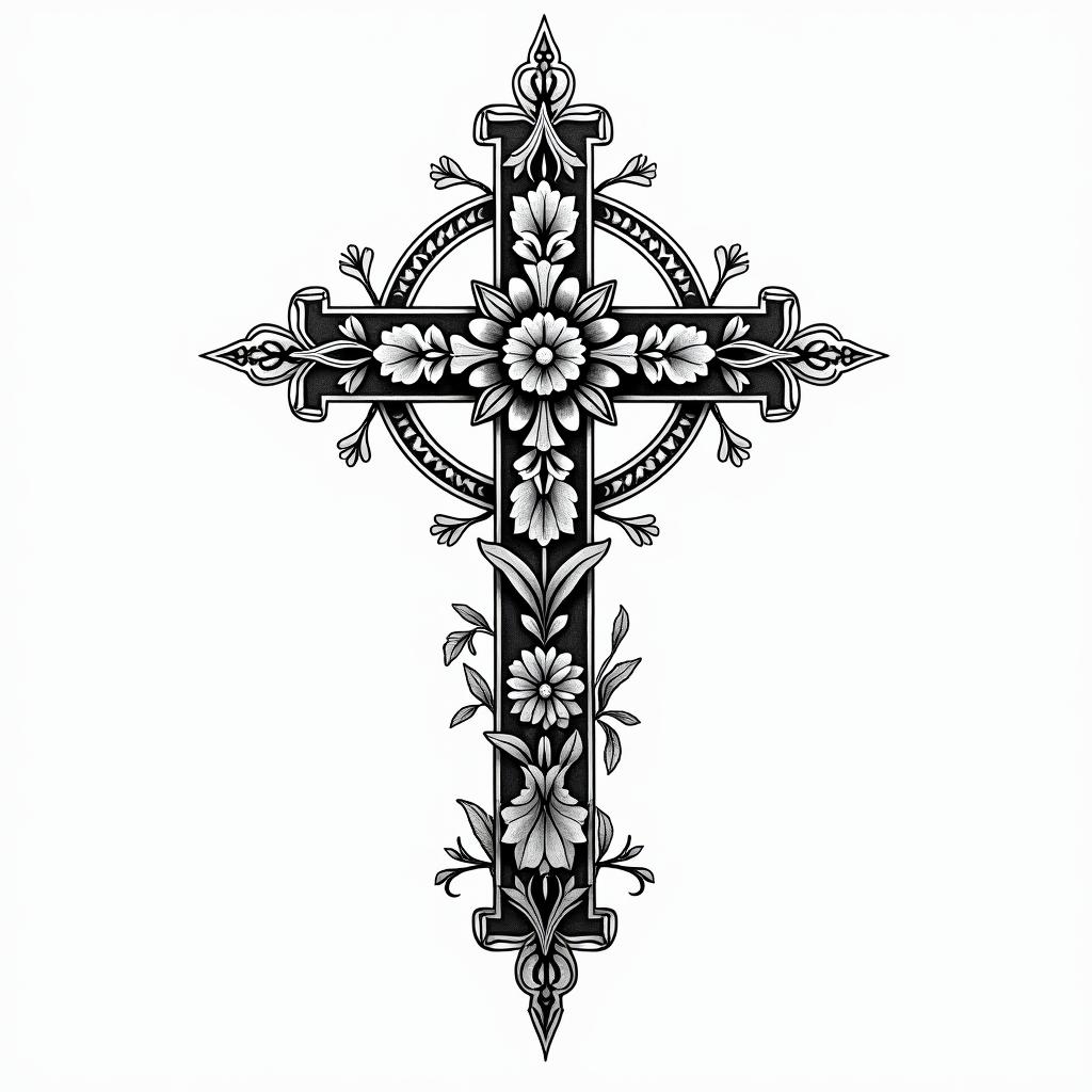 Rosen crossin ornamental tattoo style, featuring intricate symmetrical patterns and floral designs, showcasing highly detailed line work and geometric shapes, creating a sense of elegance and balance