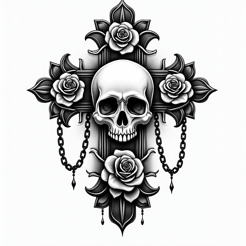 The words “sounds by Sanchez” in a classy cursivein chicano style tattoo, featuring intricate black and grey shading, bold elements of traditional chicano culture symbols, add a big cross with skull, chains and roses