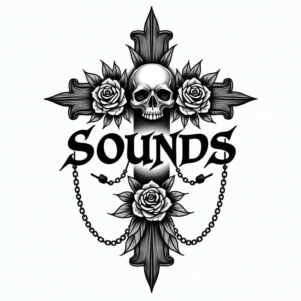 The words “sounds by Sanchez” in a classy cursivein chicano style tattoo, featuring intricate black and grey shading, bold elements of traditional chicano culture symbols, add a big cross with skull, chains and roses - Variation 3