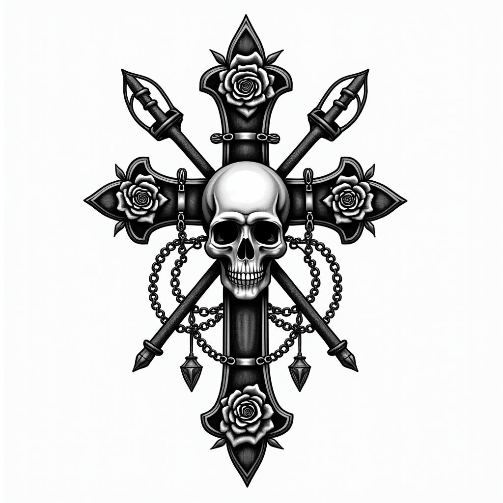 The words “sounds by Sanchez” in a classy cursivein chicano style tattoo, featuring intricate black and grey shading, bold elements of traditional chicano culture symbols, add a big cross with skull, chains and roses - Variation 2