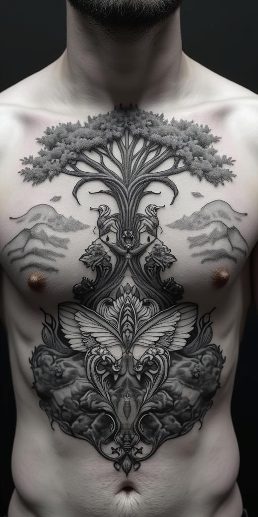 The biblical account of the apocalypse, the book of revelation in picture form on a torso. There's a central image of a fight tree. 7 Angels are at the top blowing each a trumpet. Below the tree 4 horsemen of the apocalypse are being chased by Japanese style waves. The other side facing the horsemen is a whole of babalon riding a 7 headed dragon drinking from a chalice, spiling wine down her breasts.in spiritual symbols tattoo style, featuring an intricate design incorporating elements, Hamsa hand, third eye, minimalist composition