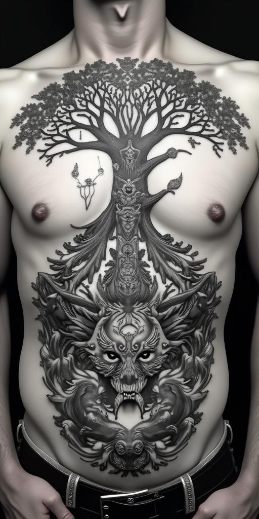 The biblical account of the apocalypse, the book of revelation in picture form on a torso. There's a central image of a fight tree. 7 Angels are at the top blowing each a trumpet. Below the tree 4 horsemen of the apocalypse are being chased by Japanese style waves. The other side facing the horsemen is a whole of babalon riding a 7 headed dragon drinking from a chalice, spiling wine down her breasts.in spiritual symbols tattoo style, featuring an intricate design incorporating elements, Hamsa hand, third eye, minimalist composition - Variation 4