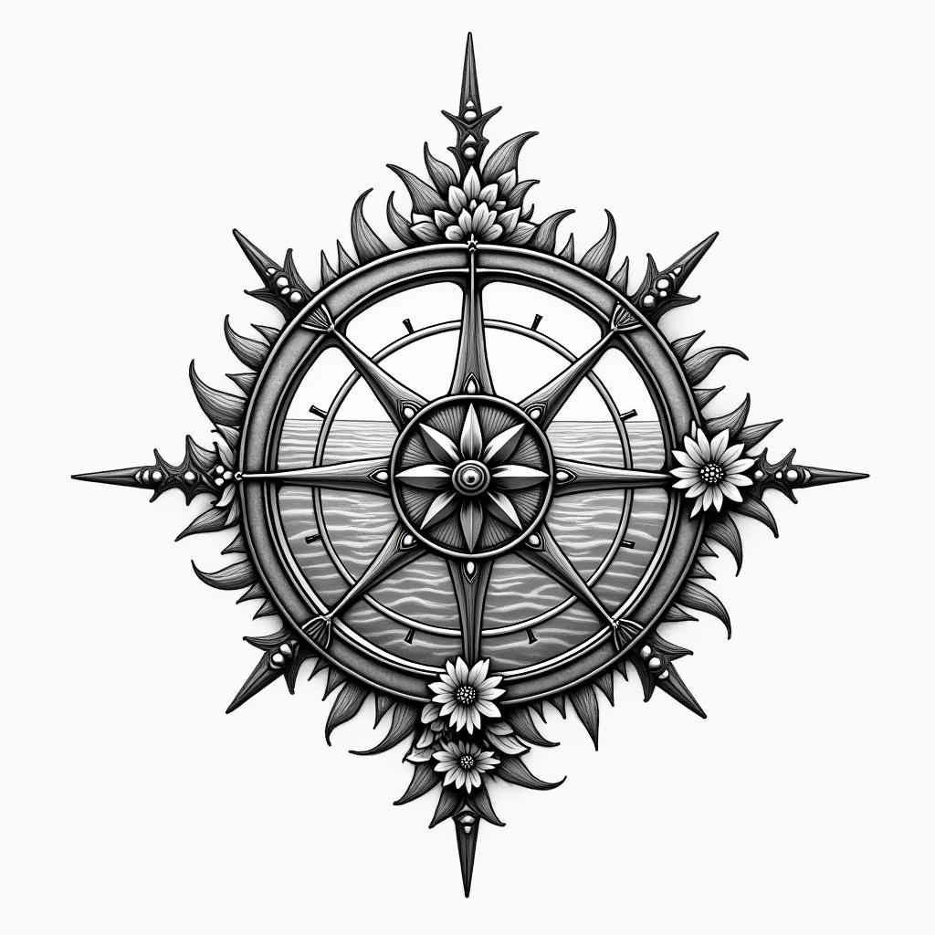 Can u create a compass in rough ocean demonstrating the ability to navigate through rough timesin ornamental tattoo style, featuring intricate symmetrical patterns and floral designs, showcasing highly detailed line work and geometric shapes, creating a sense of elegance and balance
