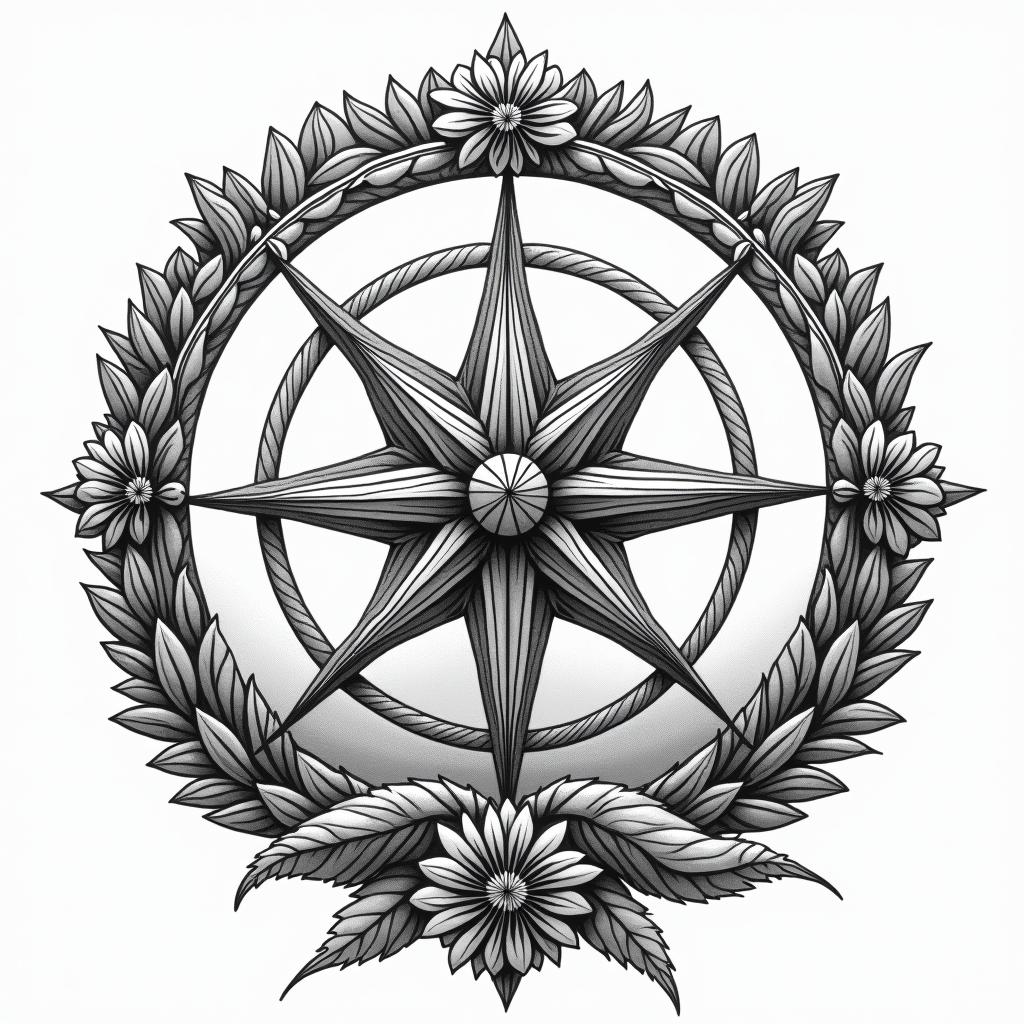 Can u create a compass in rough ocean demonstrating the ability to navigate through rough timesin ornamental tattoo style, featuring intricate symmetrical patterns and floral designs, showcasing highly detailed line work and geometric shapes, creating a sense of elegance and balance - Variation 3