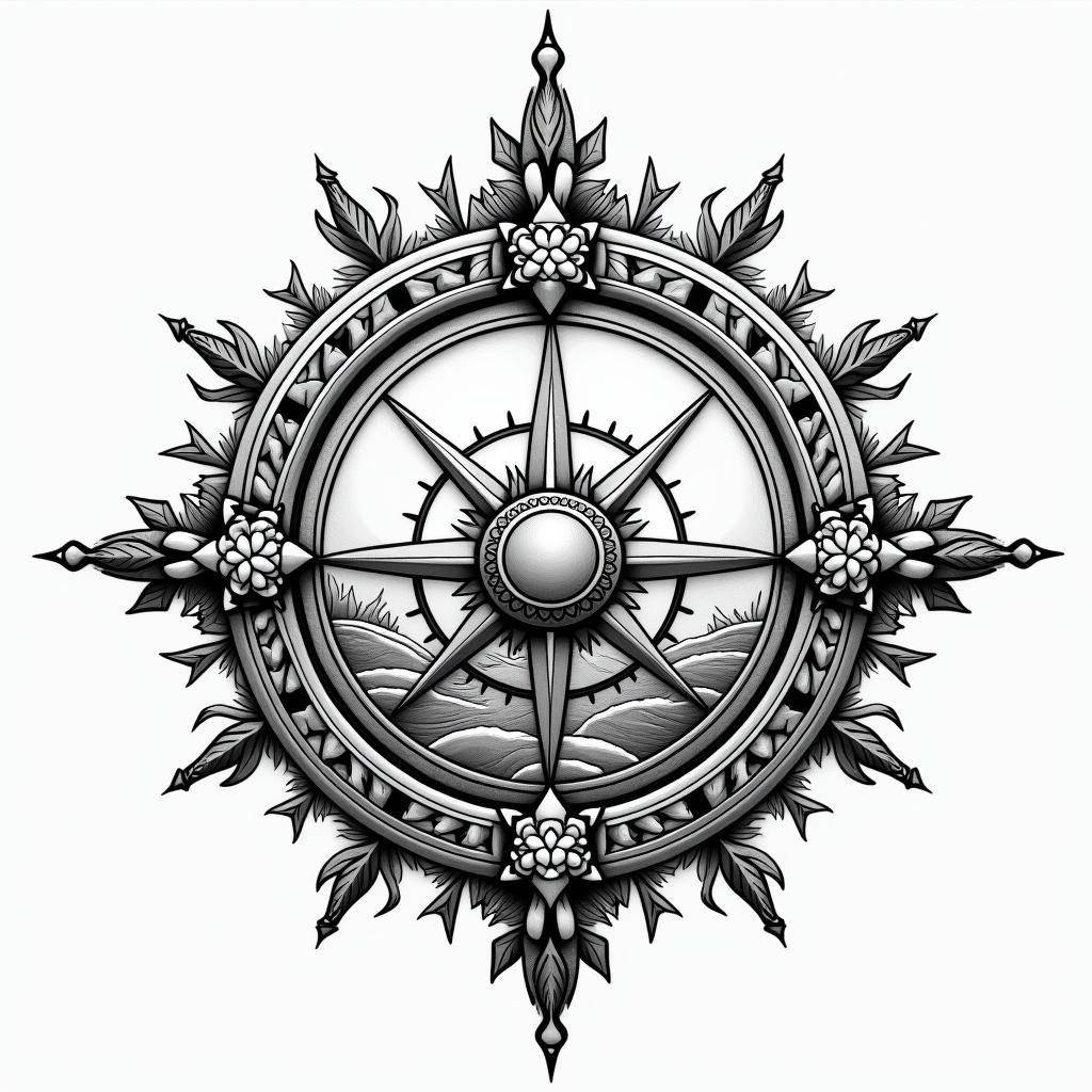 Can u create a compass in rough ocean demonstrating the ability to navigate through rough timesin ornamental tattoo style, featuring intricate symmetrical patterns and floral designs, showcasing highly detailed line work and geometric shapes, creating a sense of elegance and balance - Variation 4