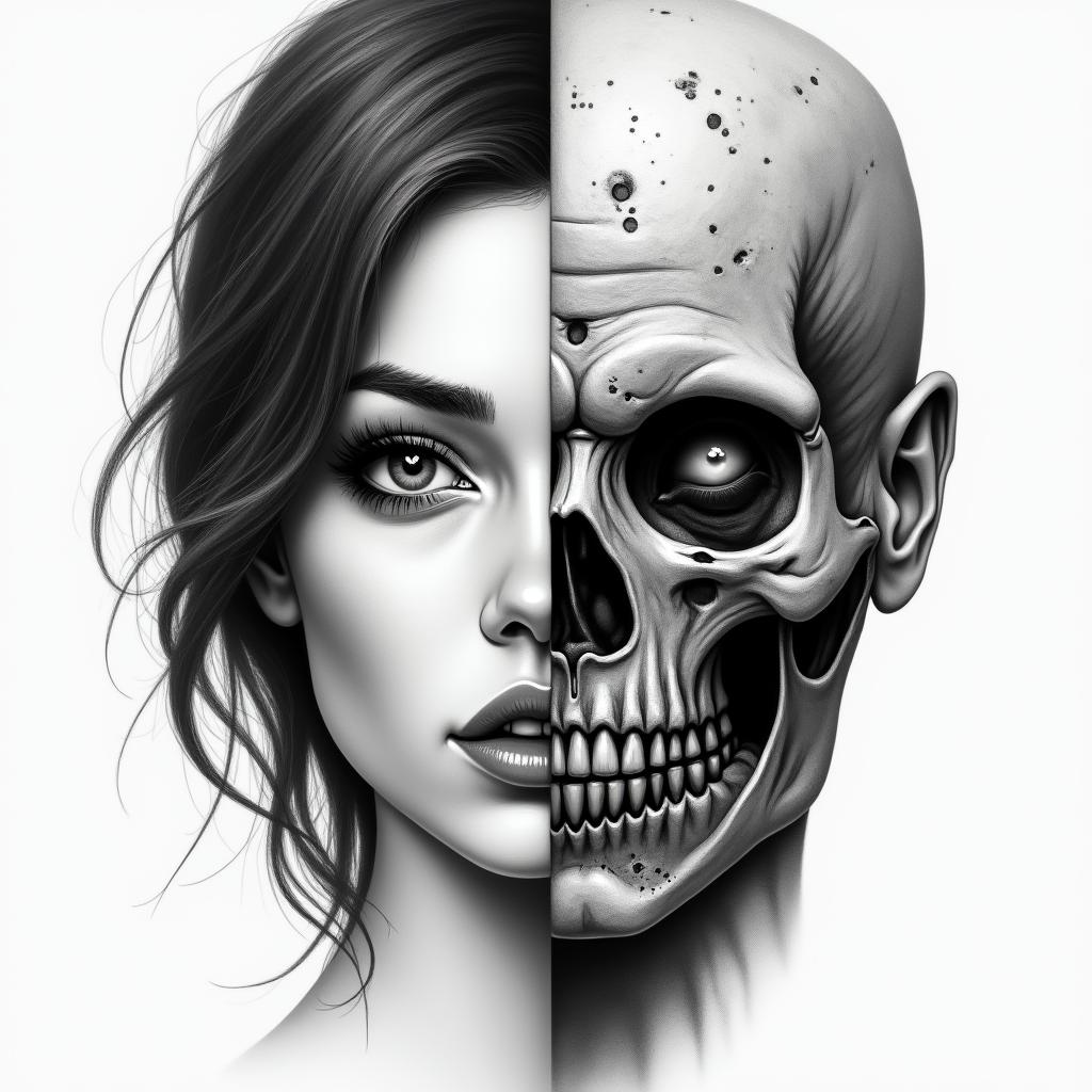 Make me a face, one side is a beautiful woman and the other side is a zombiein realism tattoo style, featuring a highly detailed, lifelike, capturing every detail, photorealistic, ultra realistic, intricate shading, smooth and sharp,