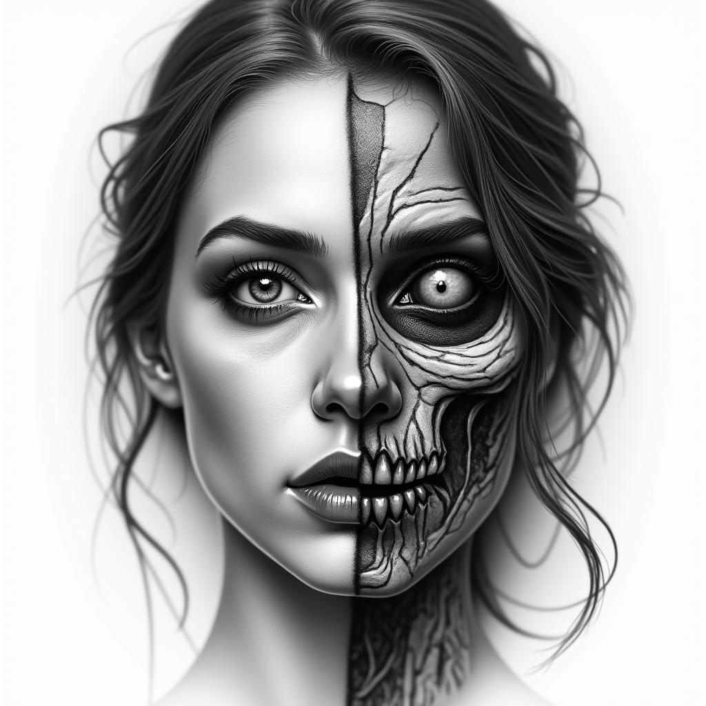 Make me a face, one side is a beautiful woman and the other side is a zombiein realism tattoo style, featuring a highly detailed, lifelike, capturing every detail, photorealistic, ultra realistic, intricate shading, smooth and sharp, - Variation 4