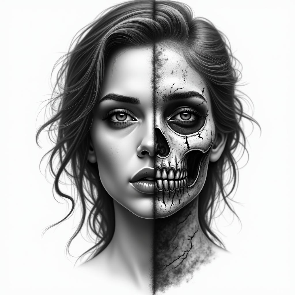Make me a face, one side is a beautiful woman and the other side is a zombiein realism tattoo style, featuring a highly detailed, lifelike, capturing every detail, photorealistic, ultra realistic, intricate shading, smooth and sharp, - Variation 3